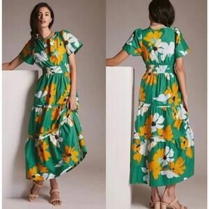 Anthropologie The Somerset Maxi Dress Cotton Pockets Long Green Floral XXS
